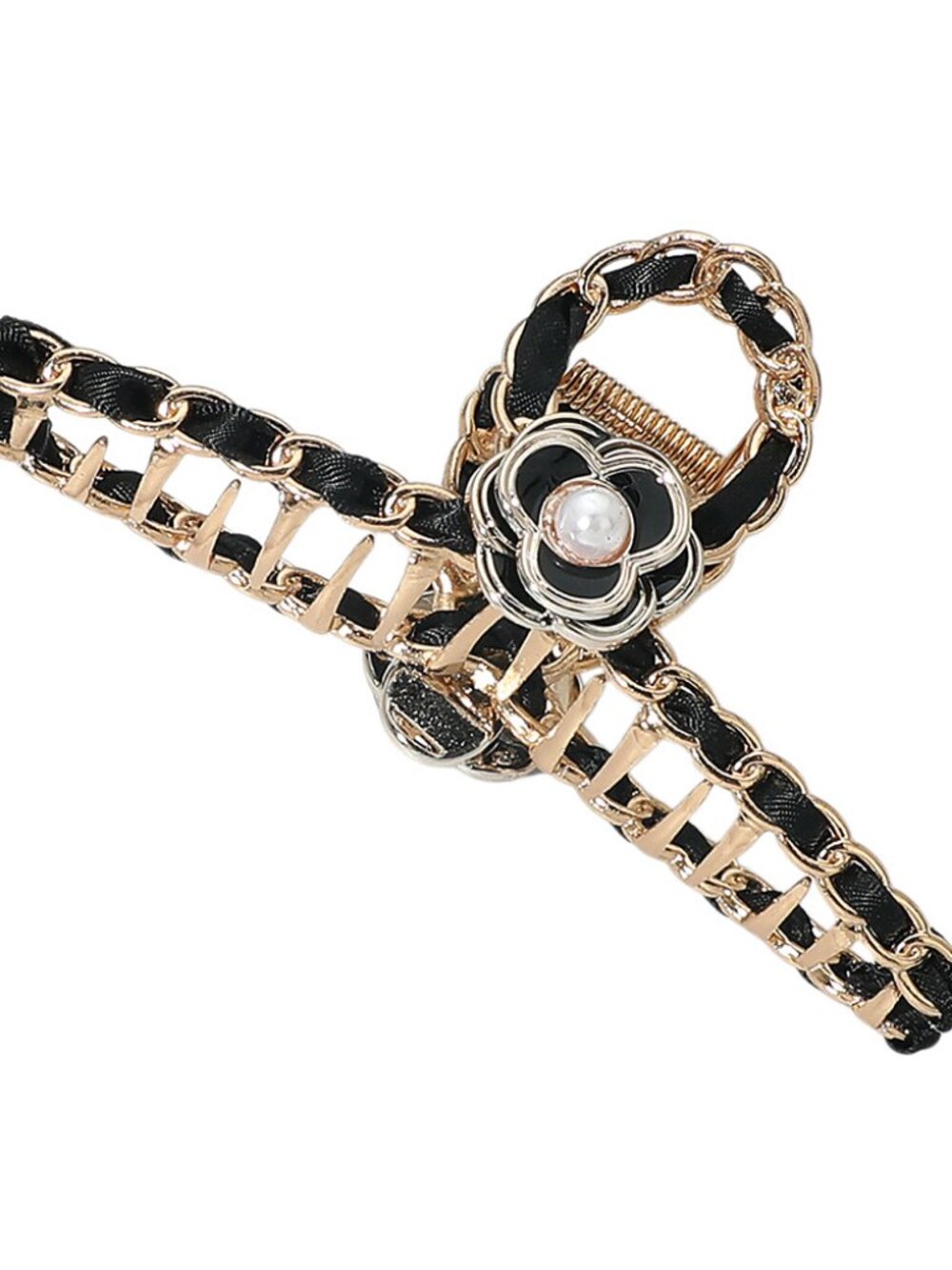 Floral Accent Chain Hair Claw Clip with Faux Pearl Center - Black OR White - Picture 3 of 7
